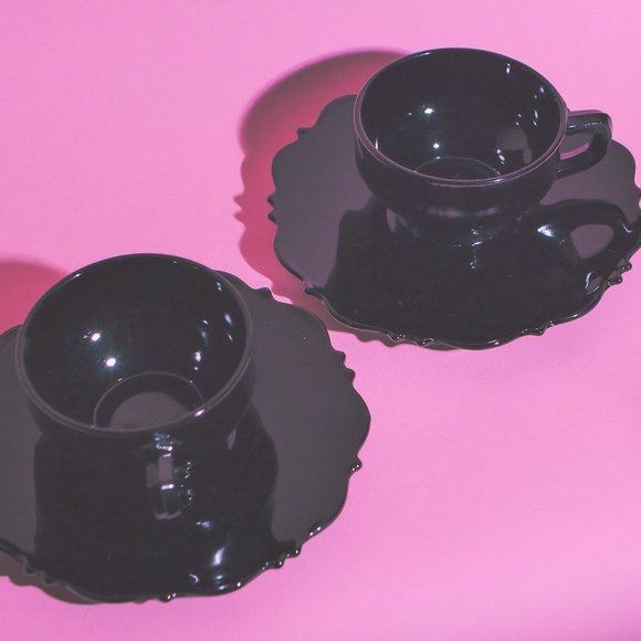 Vintage Black Milk Glass Tea Cup Saucers